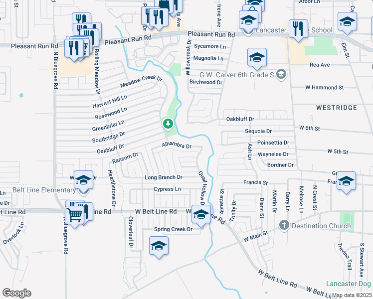 map of restaurants, bars, coffee shops, grocery stores, and more near 1230 Alhambra Drive in Lancaster