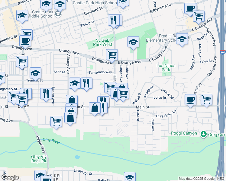map of restaurants, bars, coffee shops, grocery stores, and more near 3755 Holiday Court in Chula Vista
