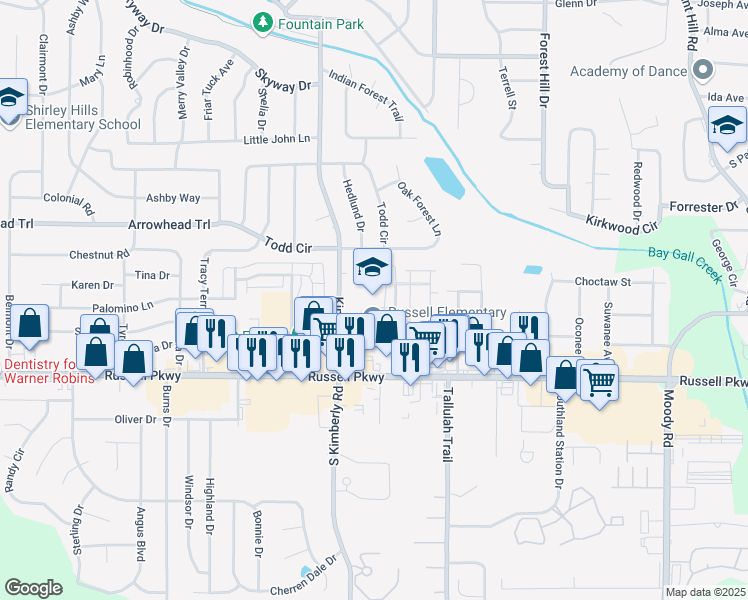 map of restaurants, bars, coffee shops, grocery stores, and more near 101 Patriot Way in Warner Robins