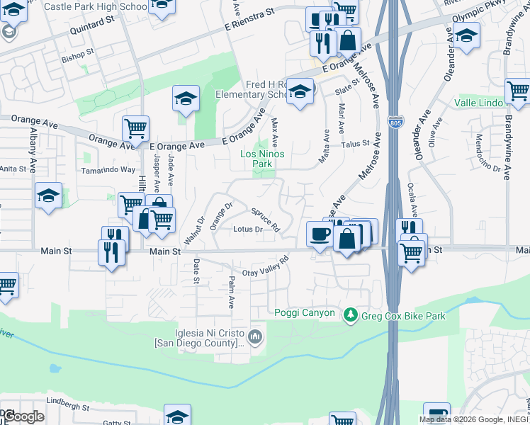 map of restaurants, bars, coffee shops, grocery stores, and more near 164 Spruce Road in Chula Vista