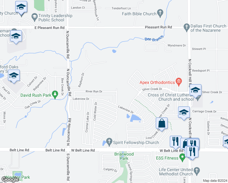 map of restaurants, bars, coffee shops, grocery stores, and more near 1828 River Run Drive in DeSoto