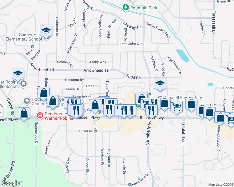 map of restaurants, bars, coffee shops, grocery stores, and more near 446 Palomino Lane in Warner Robins
