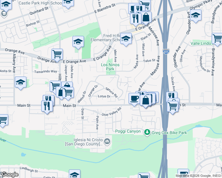 map of restaurants, bars, coffee shops, grocery stores, and more near 164 Spruce Road in Chula Vista