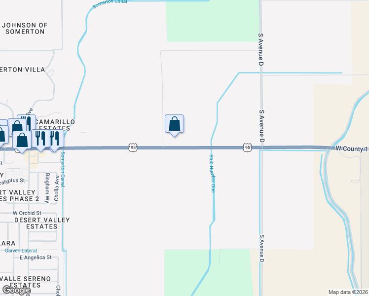 map of restaurants, bars, coffee shops, grocery stores, and more near U.S. Route 95 in Somerton