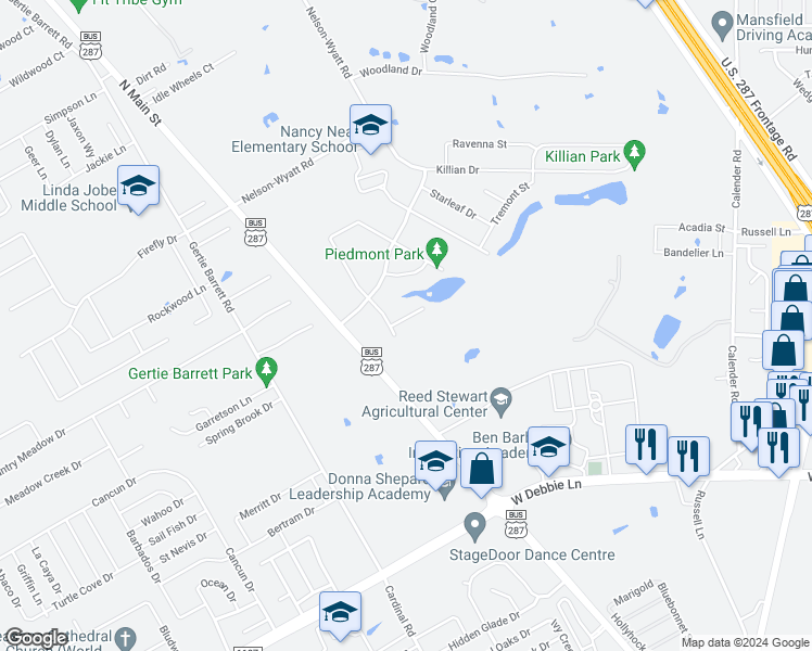 map of restaurants, bars, coffee shops, grocery stores, and more near 2408 Ravenwood Court in Mansfield