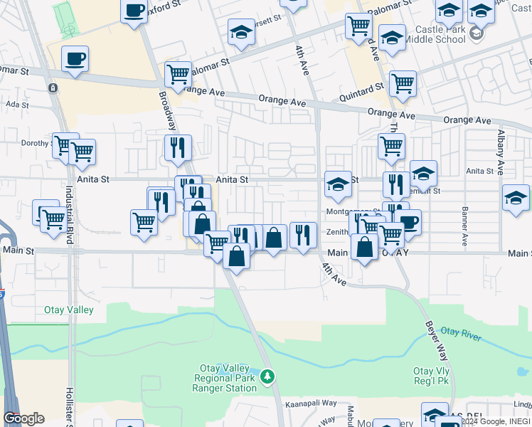 map of restaurants, bars, coffee shops, grocery stores, and more near 501 Anita Street in Chula Vista