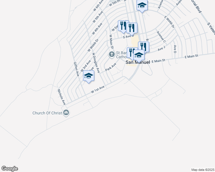 map of restaurants, bars, coffee shops, grocery stores, and more near 825 West 1st Avenue in San Manuel