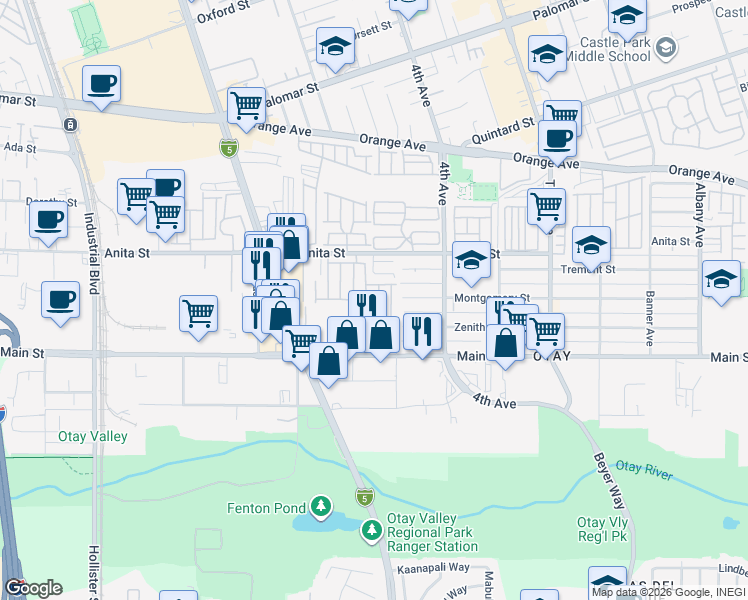 map of restaurants, bars, coffee shops, grocery stores, and more near 501 Anita Street in Chula Vista