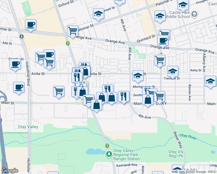 map of restaurants, bars, coffee shops, grocery stores, and more near 501 Anita Street in Chula Vista