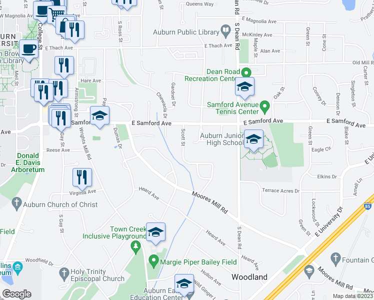 map of restaurants, bars, coffee shops, grocery stores, and more near 453 Scott Street in Auburn