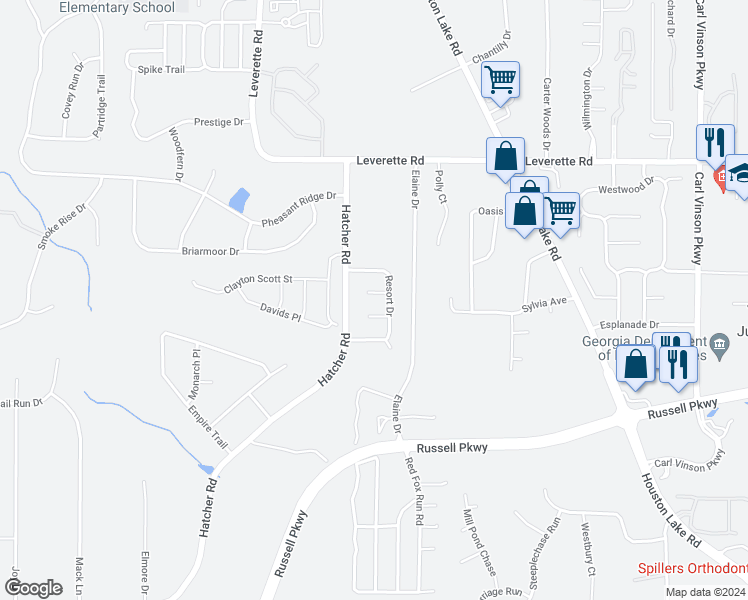 map of restaurants, bars, coffee shops, grocery stores, and more near 103 Roxana Court in Warner Robins
