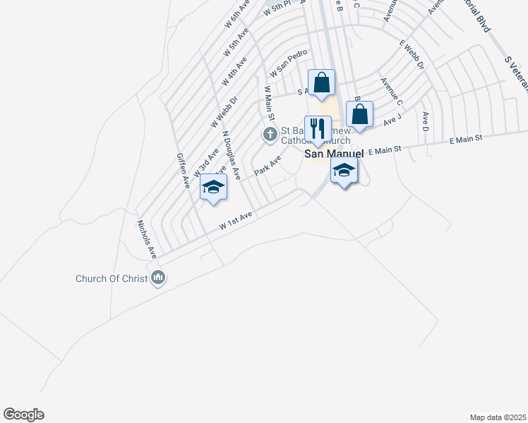 map of restaurants, bars, coffee shops, grocery stores, and more near 825 West 1st Avenue in San Manuel