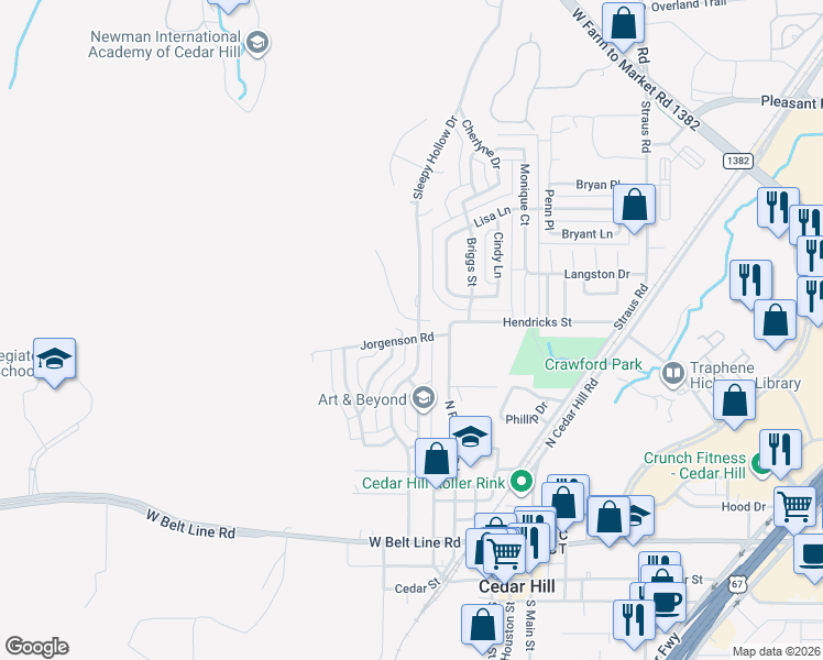 map of restaurants, bars, coffee shops, grocery stores, and more near 512 Meadow Ridge Drive in Cedar Hill