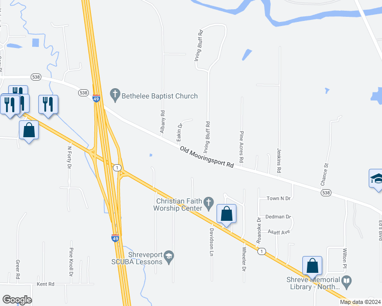 map of restaurants, bars, coffee shops, grocery stores, and more near 5351 State Route 538 in Shreveport