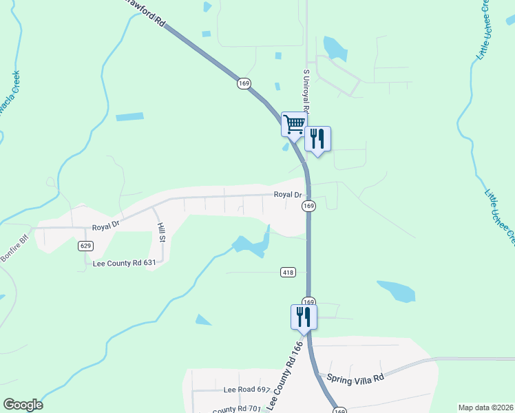 map of restaurants, bars, coffee shops, grocery stores, and more near 1-99 Lee Road 624 in Opelika