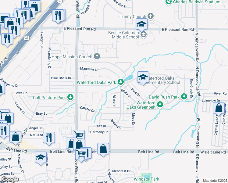 map of restaurants, bars, coffee shops, grocery stores, and more near 1108 Patrick Court in Cedar Hill