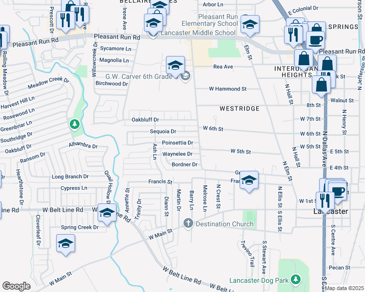 map of restaurants, bars, coffee shops, grocery stores, and more near 802 Poinsettia Drive in Lancaster