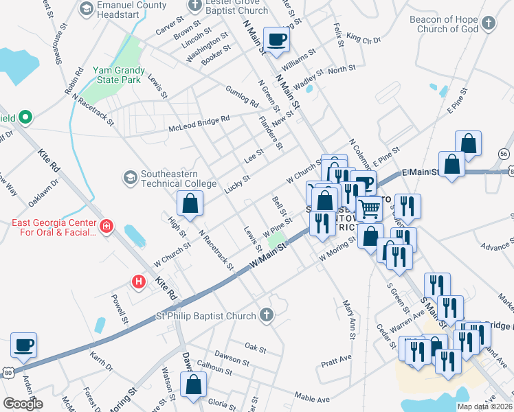map of restaurants, bars, coffee shops, grocery stores, and more near 323 West Church Street in Swainsboro