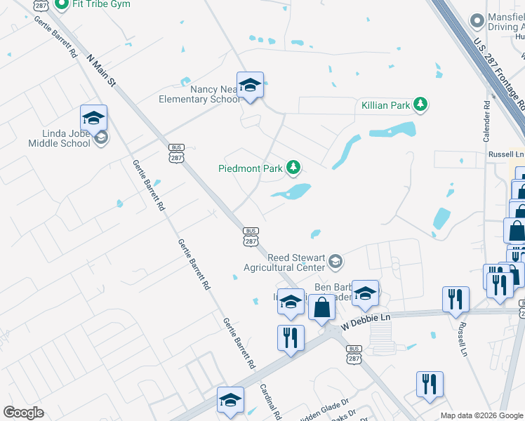 map of restaurants, bars, coffee shops, grocery stores, and more near 1405 Ravenwood Court in Mansfield