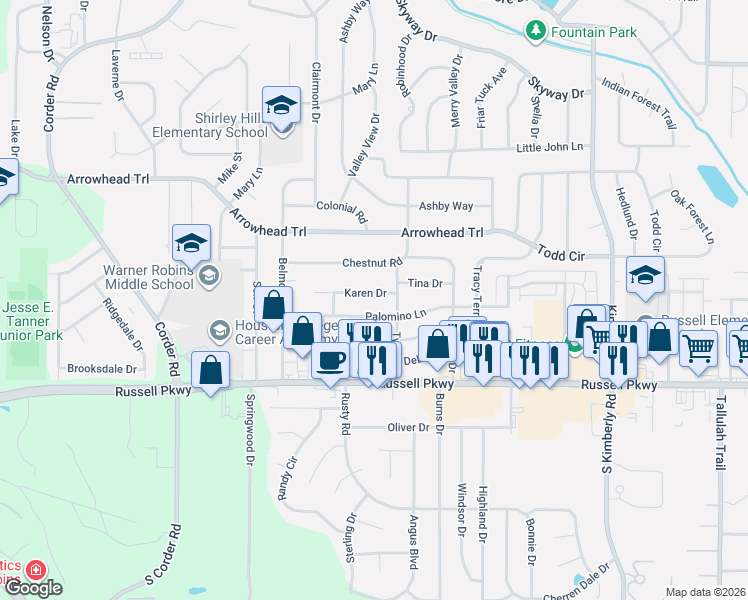 map of restaurants, bars, coffee shops, grocery stores, and more near 209 Palomino Lane in Warner Robins