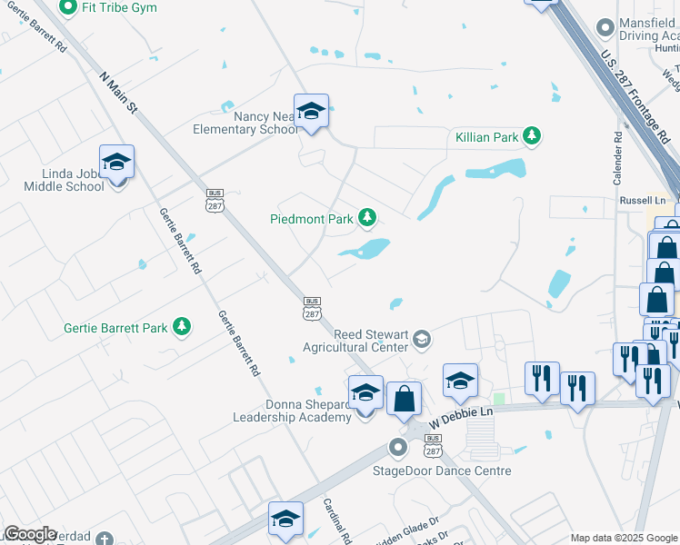 map of restaurants, bars, coffee shops, grocery stores, and more near 2414 Ravenwood Court in Mansfield