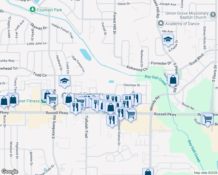 map of restaurants, bars, coffee shops, grocery stores, and more near 116 Wood Street in Warner Robins