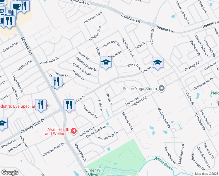 map of restaurants, bars, coffee shops, grocery stores, and more near 2308 Welch Place in Mansfield