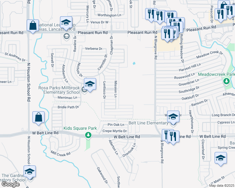 map of restaurants, bars, coffee shops, grocery stores, and more near 652 Mission Lane in Lancaster