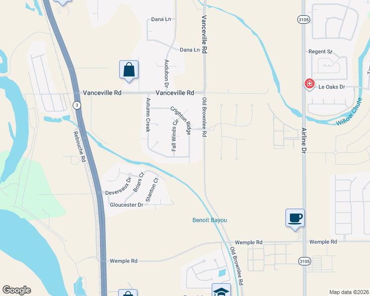 map of restaurants, bars, coffee shops, grocery stores, and more near 230 Crighton Ridge in Bossier City