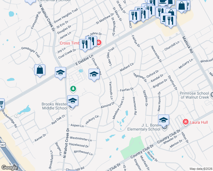 map of restaurants, bars, coffee shops, grocery stores, and more near 1700 Clover Hill Road in Mansfield