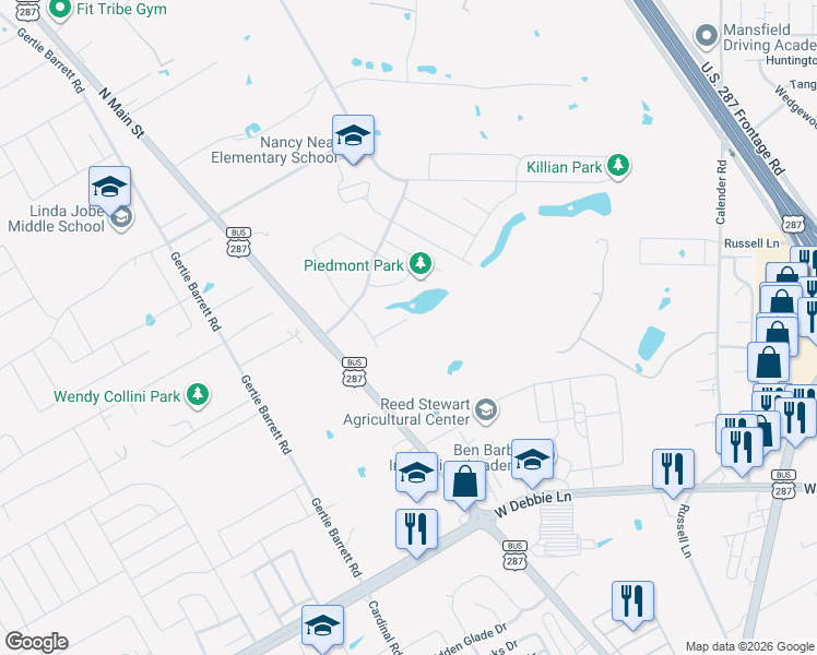 map of restaurants, bars, coffee shops, grocery stores, and more near 2414 Ravenwood Court in Mansfield