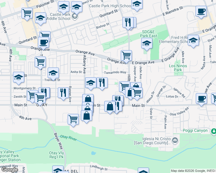 map of restaurants, bars, coffee shops, grocery stores, and more near 16 Connoley Circle in Chula Vista