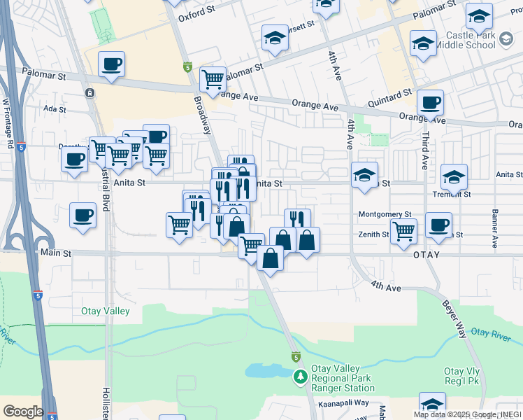 map of restaurants, bars, coffee shops, grocery stores, and more near 501 Anita Street in Chula Vista