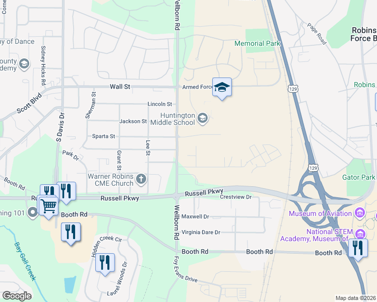 map of restaurants, bars, coffee shops, grocery stores, and more near 103 West Point Court in Warner Robins