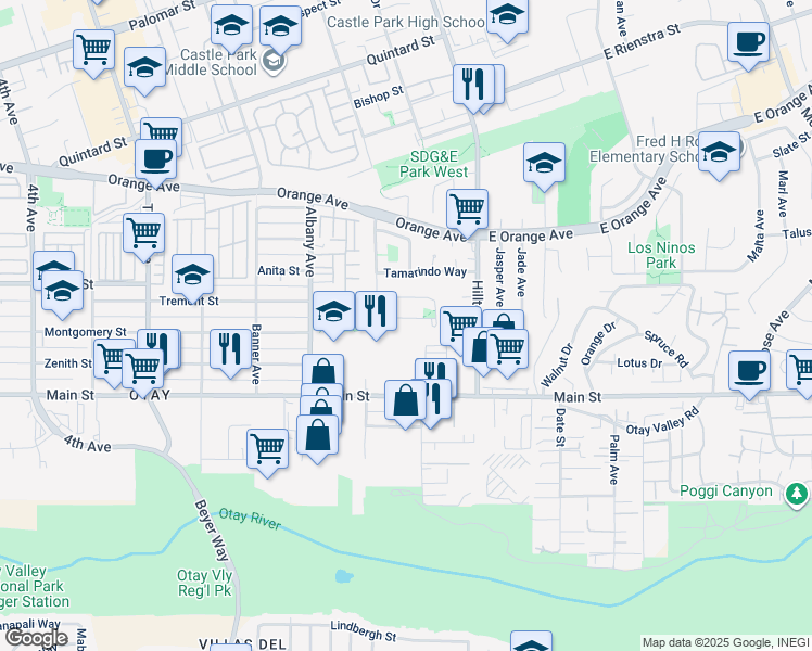 map of restaurants, bars, coffee shops, grocery stores, and more near 22 Connoley Circle in Chula Vista