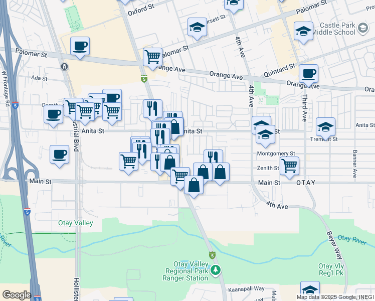 map of restaurants, bars, coffee shops, grocery stores, and more near 501 Anita Street in Chula Vista