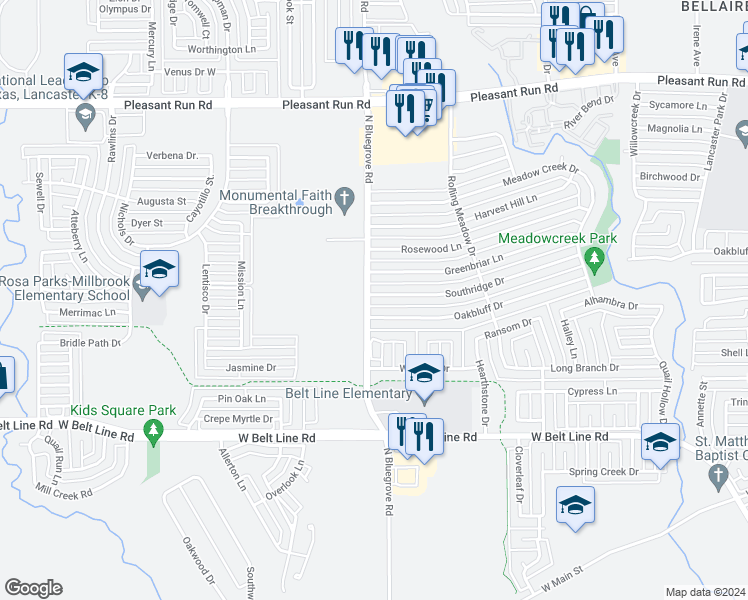 map of restaurants, bars, coffee shops, grocery stores, and more near 1386 Southridge Drive in Lancaster