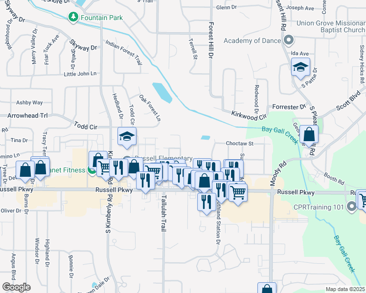 map of restaurants, bars, coffee shops, grocery stores, and more near 122 Marvin Boulevard in Warner Robins