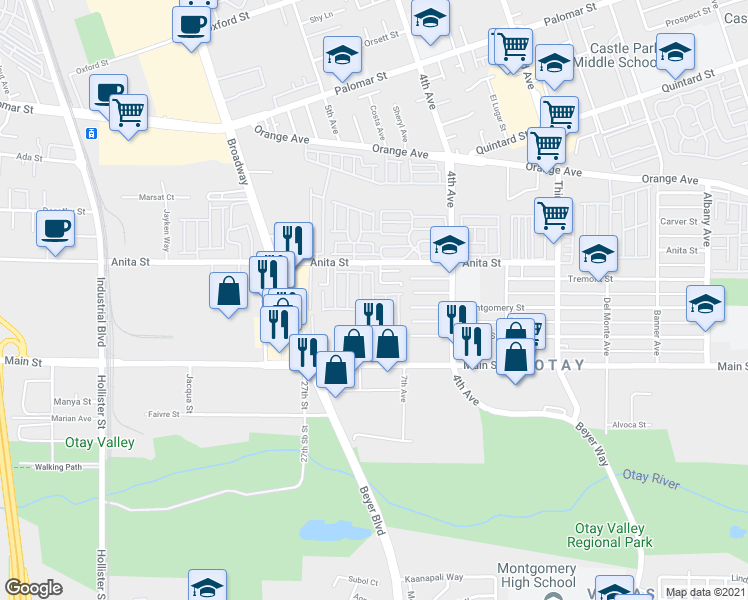 map of restaurants, bars, coffee shops, grocery stores, and more near 501 Anita Street in Chula Vista