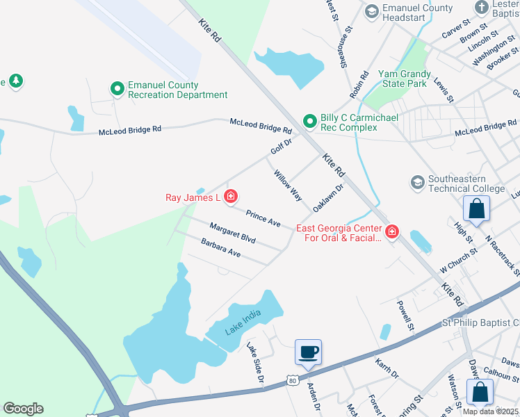 map of restaurants, bars, coffee shops, grocery stores, and more near 517 Prince Avenue in Swainsboro