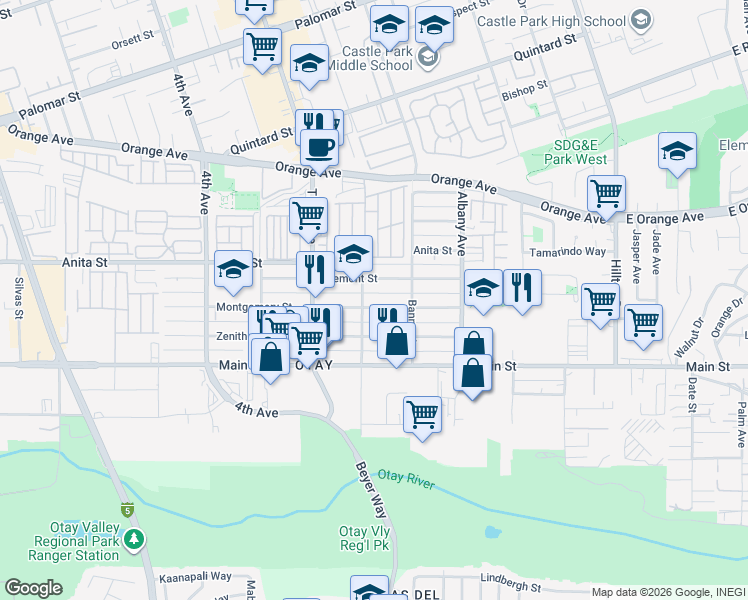 map of restaurants, bars, coffee shops, grocery stores, and more near 227 Montgomery Street in Chula Vista