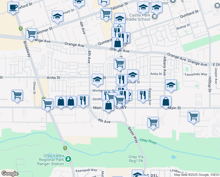 map of restaurants, bars, coffee shops, grocery stores, and more near 338 Montgomery Street in Chula Vista