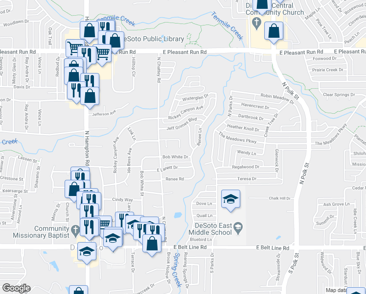 map of restaurants, bars, coffee shops, grocery stores, and more near 512 Hidden Meadow Court in DeSoto