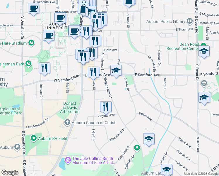 map of restaurants, bars, coffee shops, grocery stores, and more near 523 Wrights Mill Road in Auburn