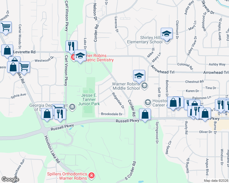 map of restaurants, bars, coffee shops, grocery stores, and more near 110 Ridgedale Drive in Warner Robins