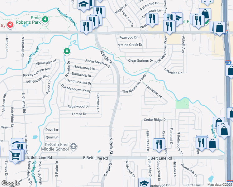 map of restaurants, bars, coffee shops, grocery stores, and more near 359 North Polk Street in DeSoto