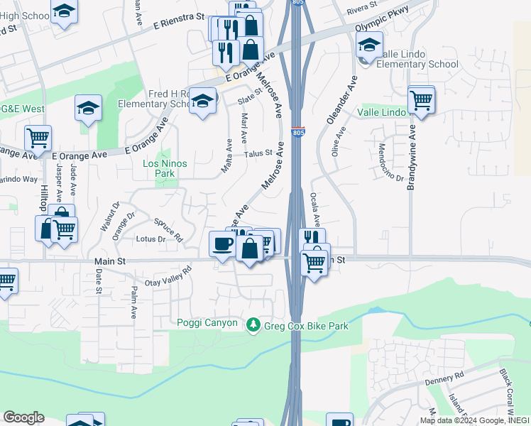 map of restaurants, bars, coffee shops, grocery stores, and more near Topaz Court in Chula Vista