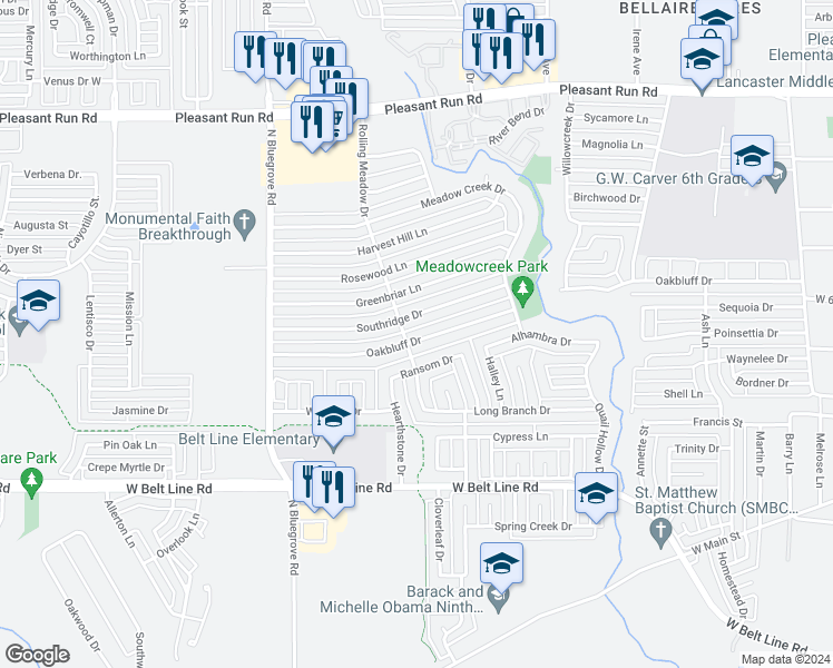 map of restaurants, bars, coffee shops, grocery stores, and more near 1229 Oakbluff Drive in Lancaster