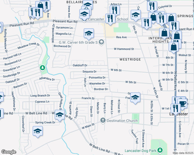 map of restaurants, bars, coffee shops, grocery stores, and more near 805 Waynelee Drive in Lancaster