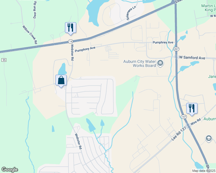 map of restaurants, bars, coffee shops, grocery stores, and more near 387 Webster Road in Auburn